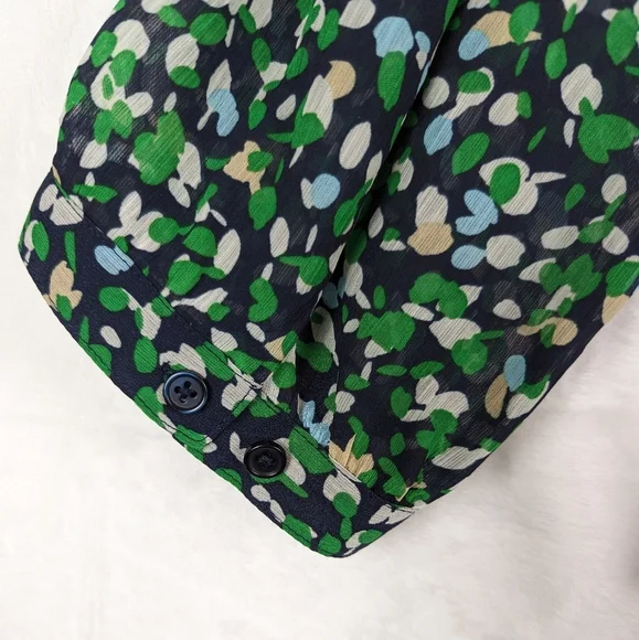 Chico's Sheer Ditsy Floral Career Wear Blouse 2 / Large Navy Blue Green - Picture 7 of 14